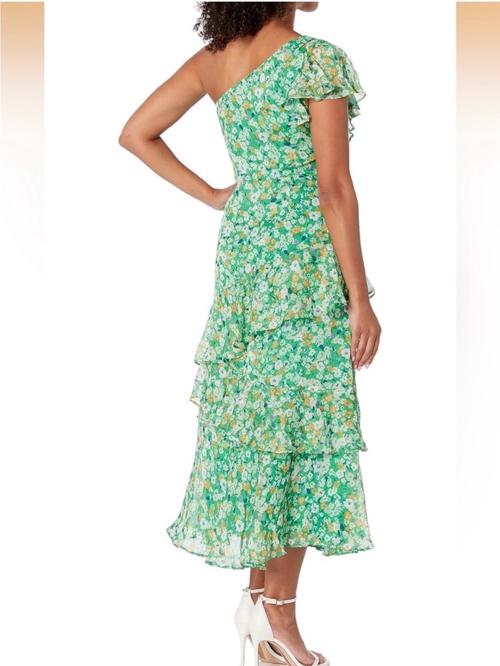 ASTR The Label Victoriana One-Shoulder Green Floral Ruffle Midi Dress - Picture 2 of 5